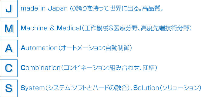 Ｊ：made in Japan の誇りを持って世界に出る。高品質。
Ｍ：Machine ＆ Medical（工作機械＆医療分野）高度先進技術分野。
Ａ：Automation（オートメーション：自動制御）
Ｃ：Combination（コンビネーション：組み合わせ、団結）
Ｓ：System（システム：ソフトとハードの融合）
